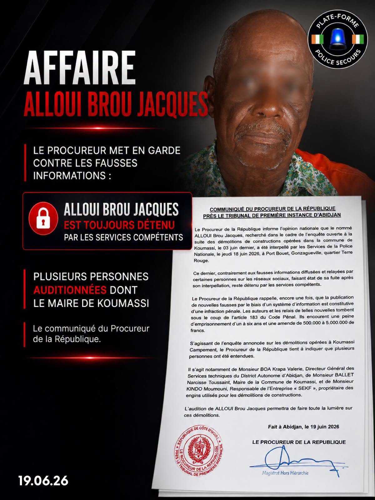 🔴COMMUNIQUÉ DU PROCUREUR DE LA RÉPUBLIQUE PRÈS LE TRIBUNAL DE PREMIÈRE INSTANCE D'ABIDJAN